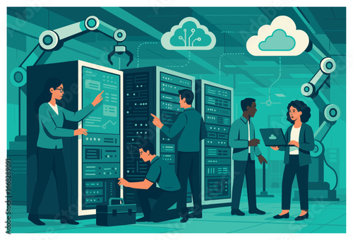 Modern data center collaboration vector: innovative cloud solutions and seamless connectivity