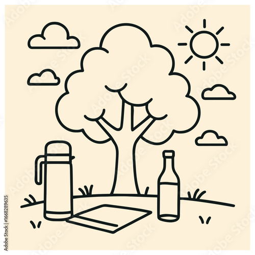 Serene picnic scene vector: tranquil outdoor relaxation and nature-inspired simplicity