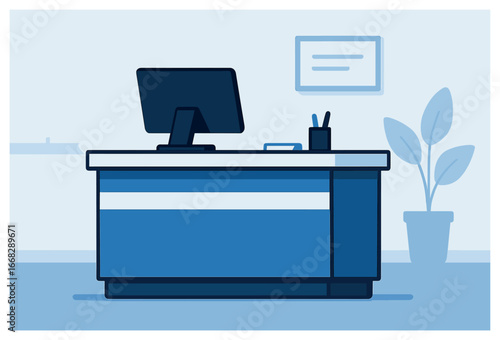 Minimalist cash desk vector design: modern office furniture, clean aesthetics, workspace decor