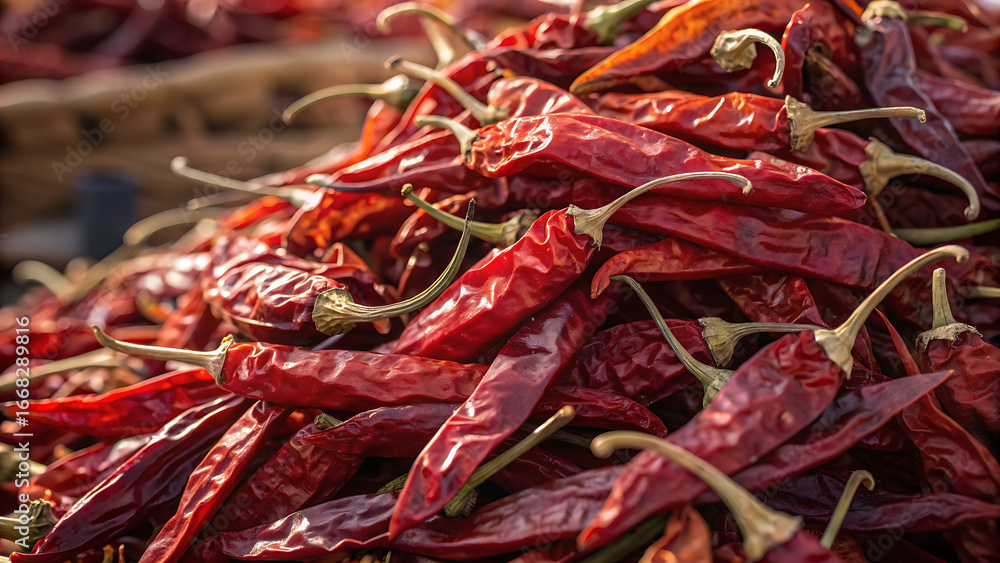 Obraz premium A vibrant pile of dried red chili peppers creates a spicy and flavorful still life