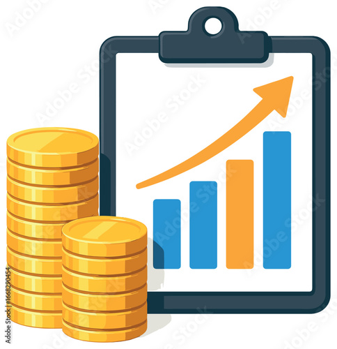 Financial growth vector: prosperity symbols with coins and rising graph in economic concept