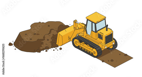 Powerful bulldozer scooping up earth in construction site, machinery ready for heavy work, isometric view