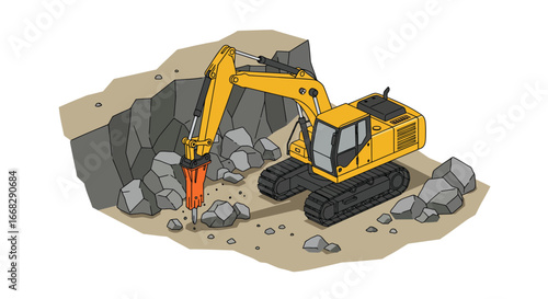 Powerful jackhammer excavator demolishing rock with precision, perfect for construction or demolition projects