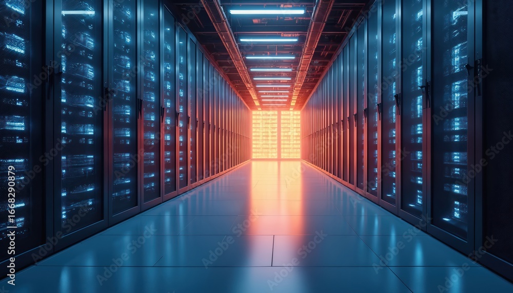 Fototapeta premium Modern server room corridor with rows of glowing computer racks, illuminated by blue, orange lights. Futuristic data center advanced technology, network infrastructure, massive data processing power.