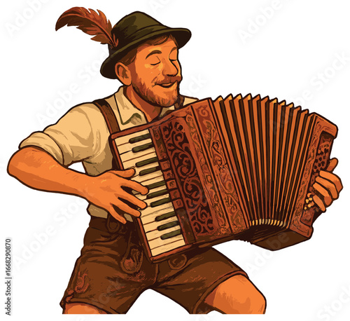 Bavarian musician vector: traditional accordion player in oktoberfest attire