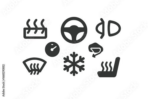 Car interior comfort and climate control icons: steering wheel, snowflake, seat heater, defroster symbols