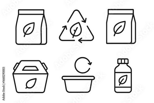 Organic and sustainable packaging icons with leaf and circular arrow symbols