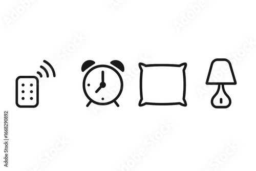 Sleep and wakefulness icons: remote, alarm clock, pillow, bedside lamp