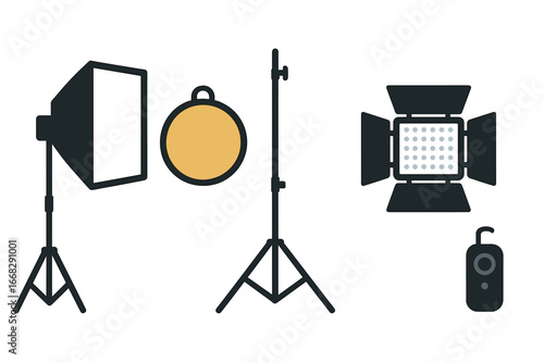 Studio lighting equipment: softbox, ring light, LED panel, remote control on white