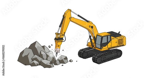 Powerful excavator demolishing rocks, perfect for construction or demolition project visuals, high impact vector