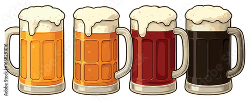 Diverse beer mugs vector: oktoberfest celebration with frothy, colorful beer varieties
