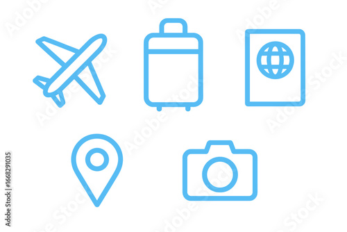 Travel icons: airplane, suitcase, passport, location pin, camera