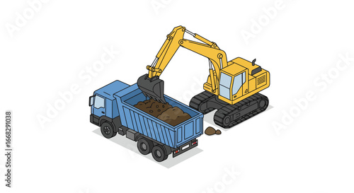 Isometric excavator filling a dump truck with dirt, a modern construction site scene, scalable vector graphic