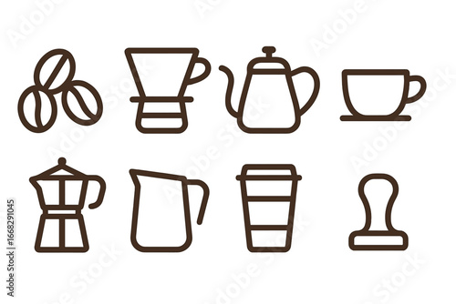 Coffee brewing equipment and accessories, beans, kettle, cup, moka pot, pitcher, tamper
