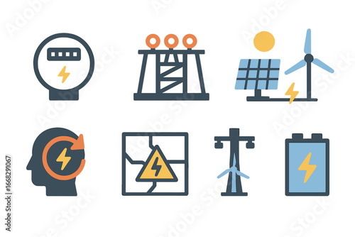 Energy and electrical concepts icons: meter, power lines, solar panels, wind turbines, battery
