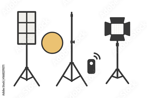 Professional studio lighting gear with softbox and LED panel on stands for photo and video