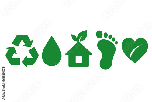 Green eco icons for sustainability, recycling, water, and healthy living