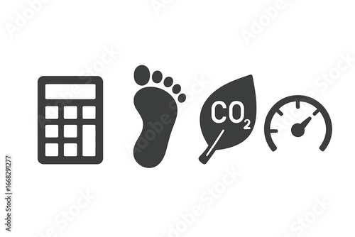 Environmental impact assessment icons: calculator, footprint, CO2 leaf, speedometer