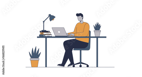 Modern worker using laptop while sitting at stylish desk in a bright office space for remote work concept