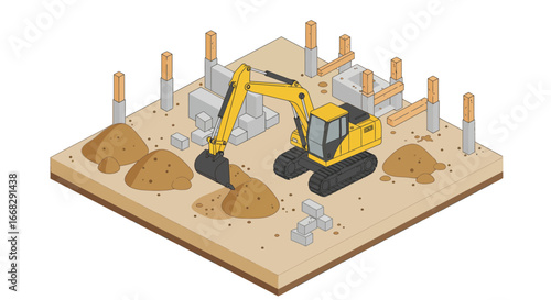 Isometric excavator at construction site, foundation work, modern building project in progress
