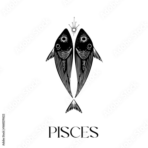 Pisces zodiac symbol of two fishes with cosmic elements in minimalist design