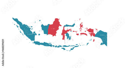 Indonesia map colored for regions showing Sumatra, Java, Kalimantan and Papua for business data