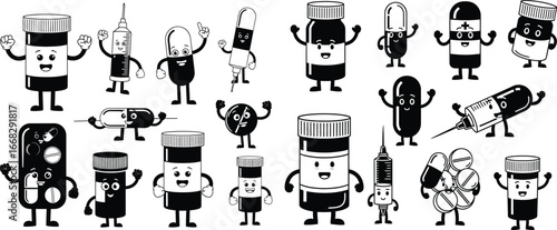 Cartoon medication characters illustration featuring pills, syringes, and bottles with happy faces for educational material
