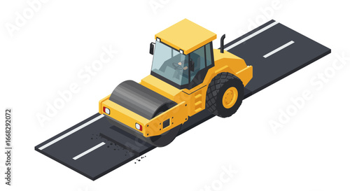 Road roller flattens new asphalt, creating smooth black surface for construction project completion