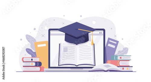 Online learning concept with graduation cap and books, education for future success, diploma on laptop