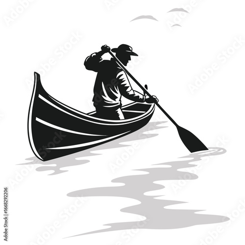 Canoeist paddling through fog silhouette