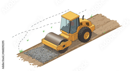 Heavy construction roller flattening gravel, preparing the ground for a new road project, infrastructure