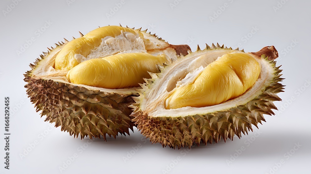 Fototapeta premium Close-up view of a fresh durian fruit split open revealing its creamy yellow flesh