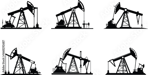 Collection of Oil Pumpjacks in Black Silhouette for Resource Extraction Illustration