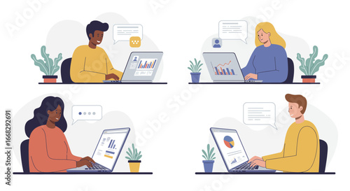 Four diverse professionals collaborating online, analyzing data on laptops, boosting business growth
