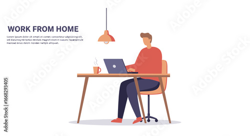 Modern professional working remotely with laptop and coffee, enjoying home office life and productivity