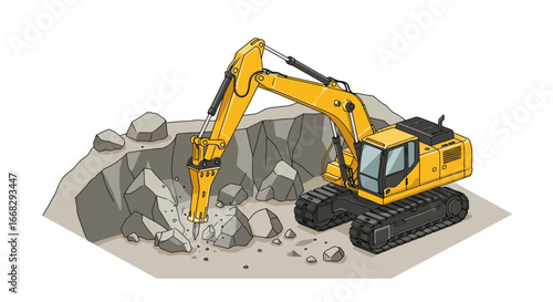 Powerful yellow excavator breaking rocks during construction project, essential equipment illustration, scalable vector