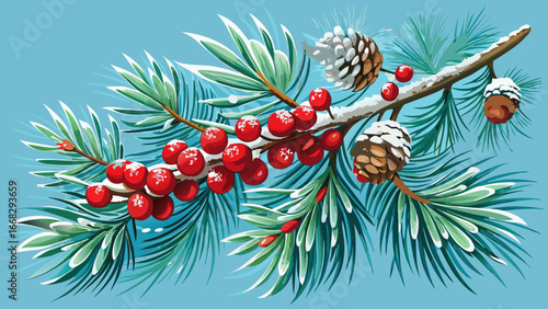 Snow Covered Pine Branch with Cones and Red Berries
Winter’s hand adorns pine branches with frost, crimson berries gleam amid icy needles, cones rest like sculptures, holiday spirit whispers softly th