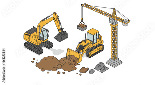 Isometric construction site featuring excavator, bulldozer and crane ready for building projects