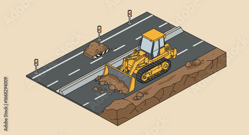 Isometric bulldozer clearing debris on road, construction equipment, heavy machinery roadwork project, infrastructure