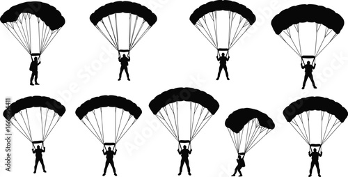Parachute silhouette vector illustration of skydivers landing, parachuting extreme sport icons collection, adventure flight design set for aviation graphics
