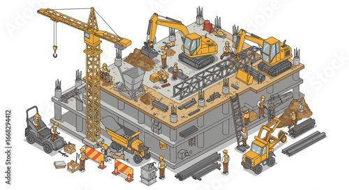Busy construction site scene illustration showing heavy machinery and diverse workers in action building a structure