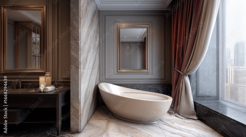 Fototapeta premium Elegant bathroom with freestanding bathtub, marble floor, large window, brown curtain, and decorative mirror, creating serene atmosphere
