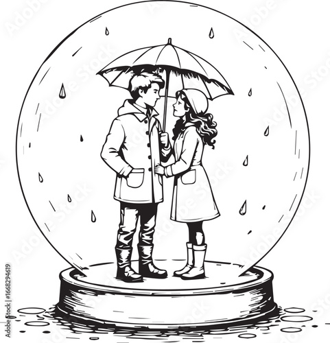 Love Under The Umbrella: A black and white illustration depicts a young couple sheltered under a large umbrella within a snow globe, rain falling gently around them.