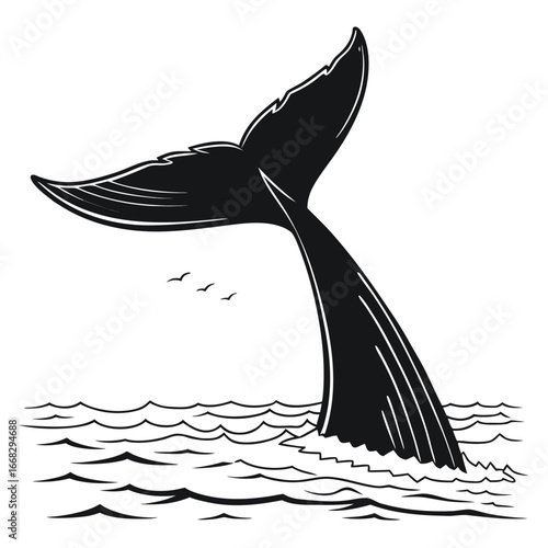 Whale tail above horizon silhouette