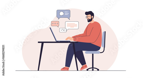 Bearded freelancer working remotely on laptop with message bubbles, modern workplace, social media concept
