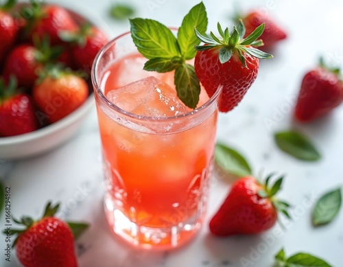 Wallpaper Mural Glass of strawberry basil smash with fresh strawberries, basil garnish. Cold, refreshing beverage healthy summer fruit smoothie, ideal for quenching thirst. Vibrant red color, herbaceous notes make Torontodigital.ca
