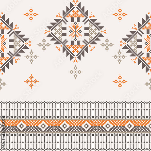 Orange and brown pixel ethnic boho seamless pattern. Tribal pattern. Folk motif. Cross-stitch textile rapport. Ideas for wallpaper, sarees, lace, sarongs, and elaborate borders.