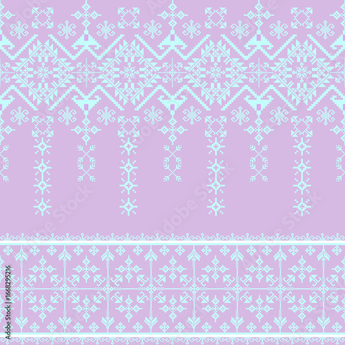 Blue pixel seamless pattern on a purple background. Border with snowflakes. Openwork lace. Cross-stitch background. Vector illustration. Ideas for wallpaper, sarees, and sarongs.