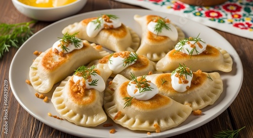 Wallpaper Mural Traditional Eastern European Pierogi Dumplings with Sour Cream, Fried Onions, and Fresh Dill on a Plate Torontodigital.ca