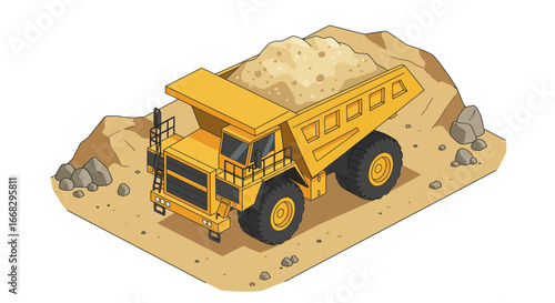 Powerful yellow dump truck hauling sand, an earthmoving vehicle for construction sites and mining projects